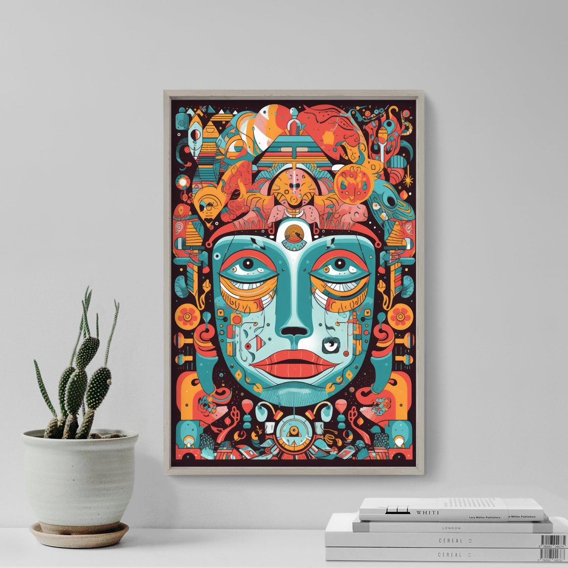 Psychedelic Ornate Face Teal Orange Surreal Visionary Poster Art