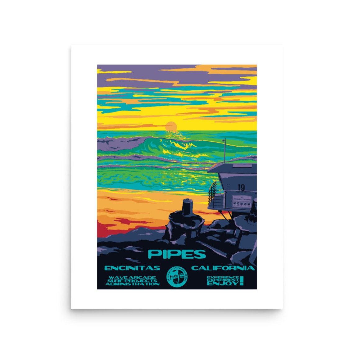 Pipes Beach Encinitas California Neon Sunset Waves Tower Poster - Image 2