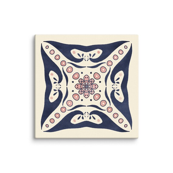 Geometric Navy Pink Talavera Tile Flower Motif Square Art Poster