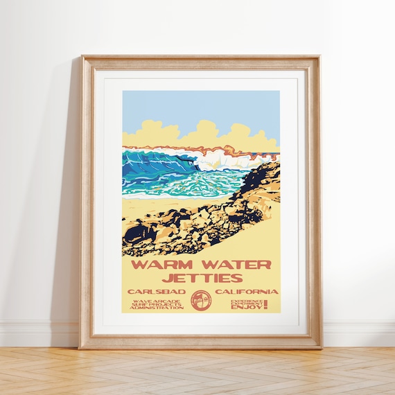 Warm Water Jetties Art Print Vintage National Parks Style Surf Poster Carlsbad Ca Coastal Surf Decor