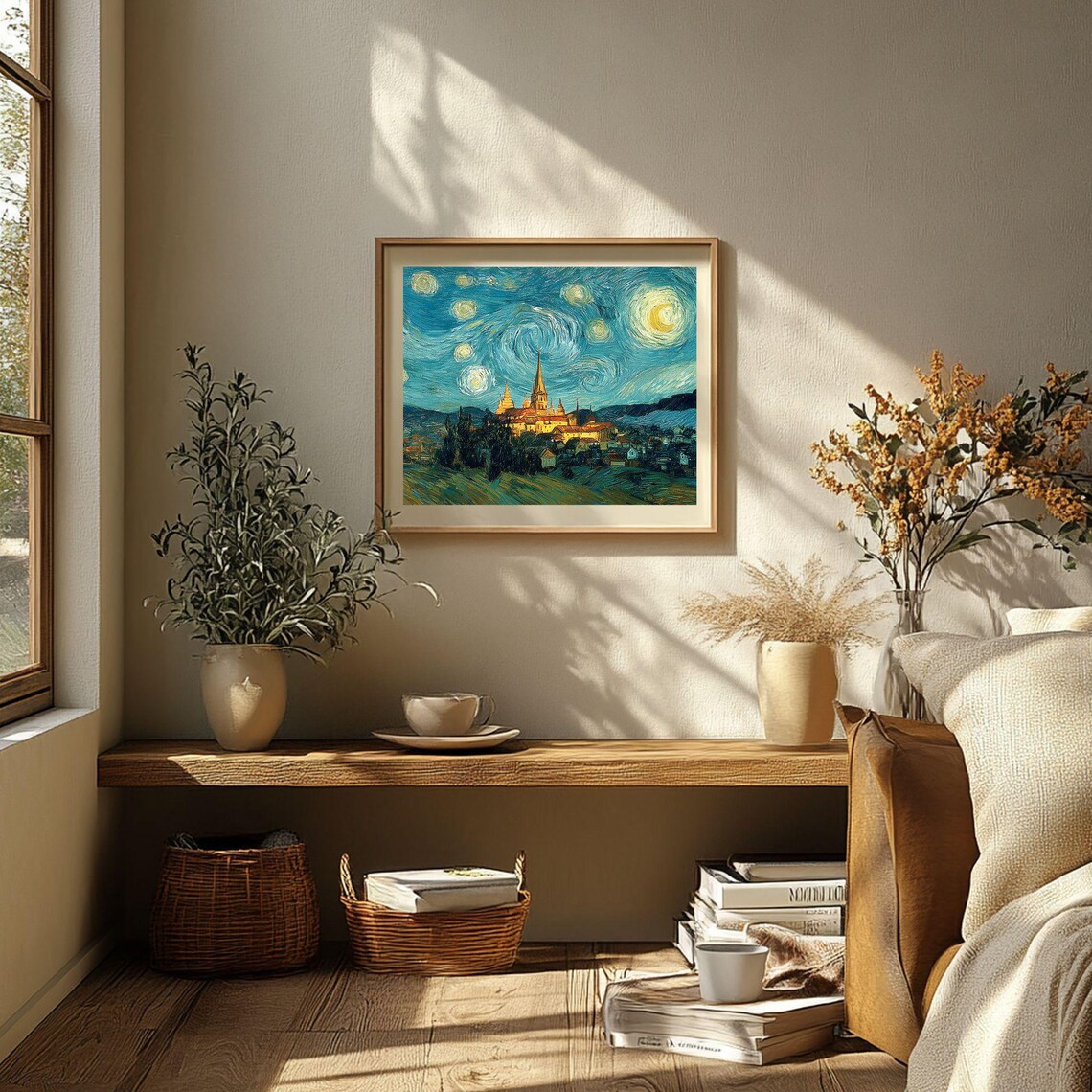 Starry Night Cathedral Village Poster Swirling Moonlit Sky Impressionist Art