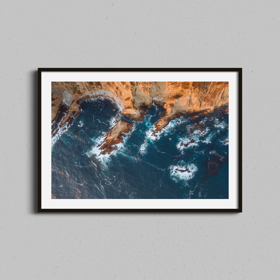 Golden Sunset Aerial Rocky Coastline Ocean Waves Photography Poster