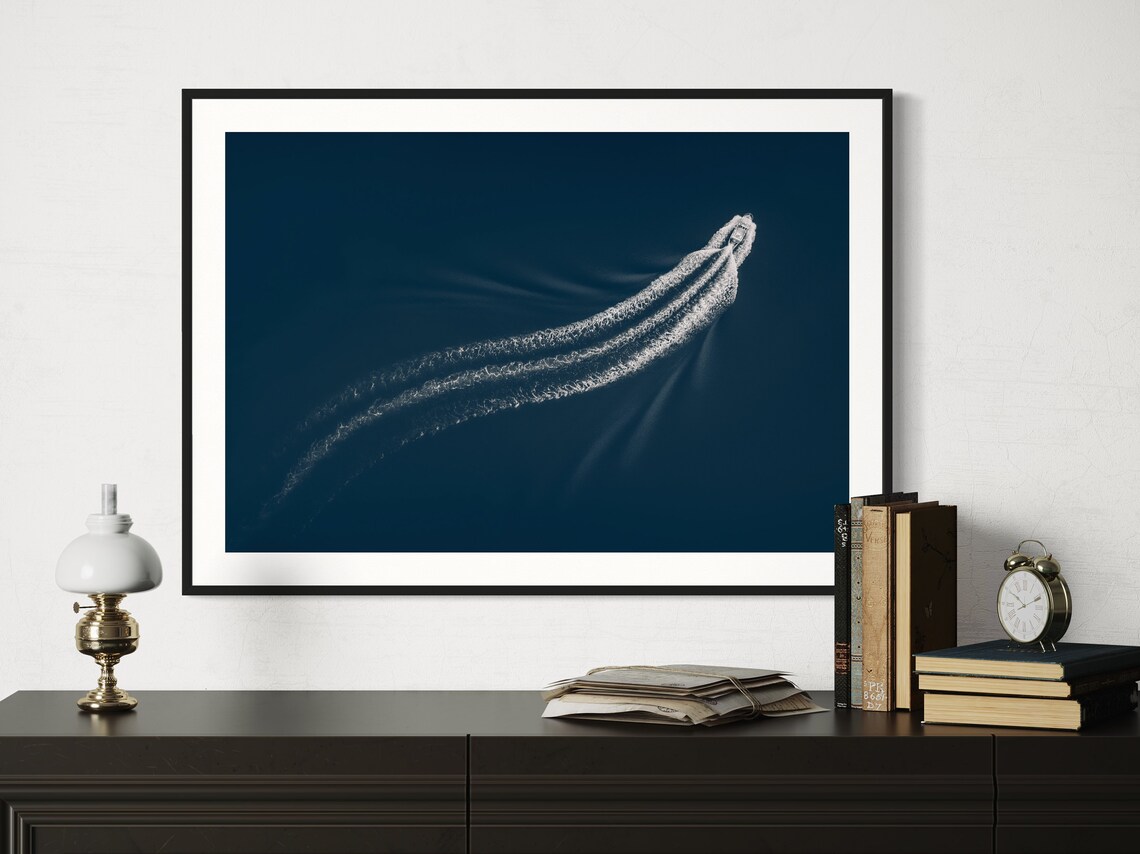 Aerial Motorboat Wake Across Deep Blue Ocean Minimalist Poster