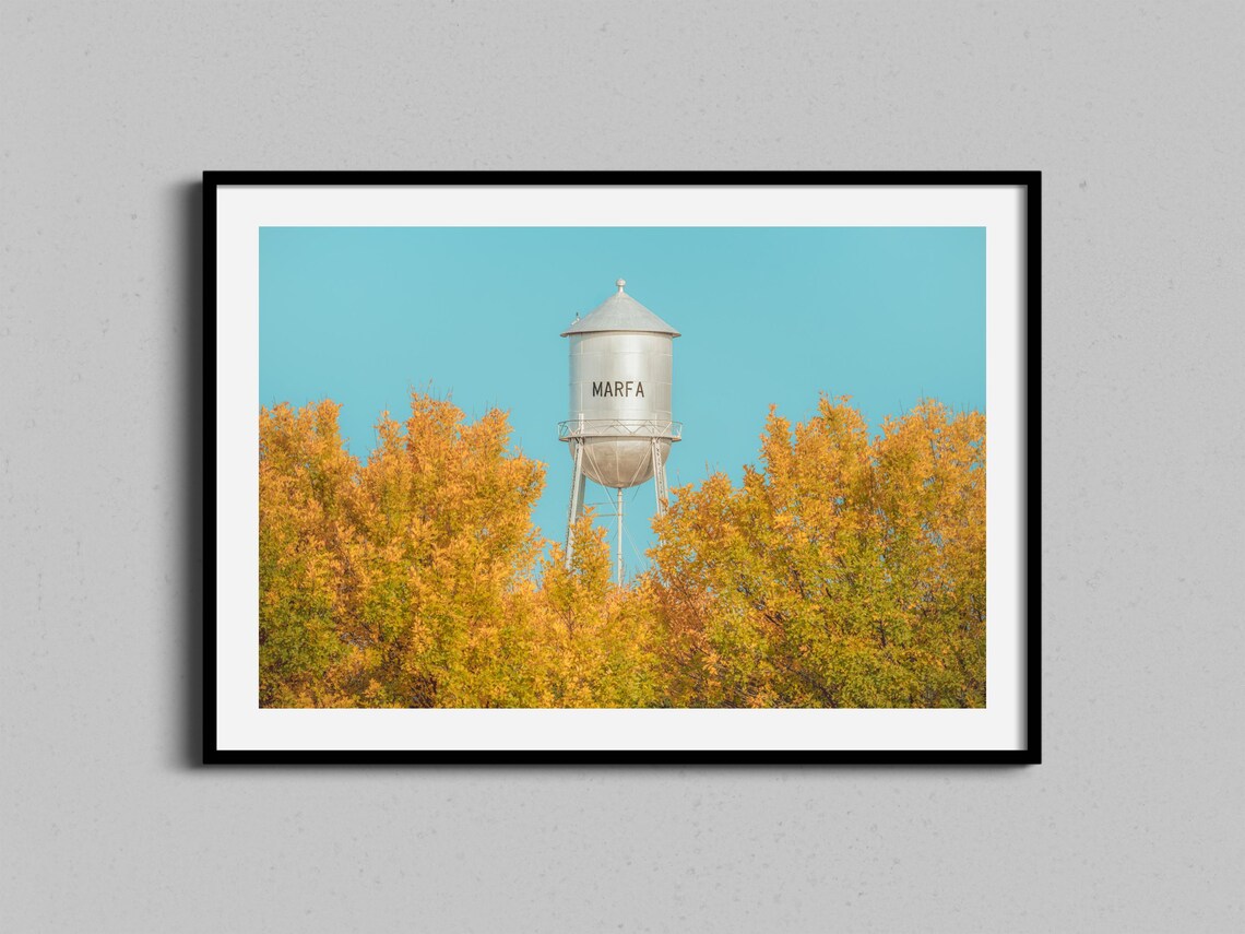 Marfa Water Tower Golden Autumn Trees Turquoise Sky Photo Poster