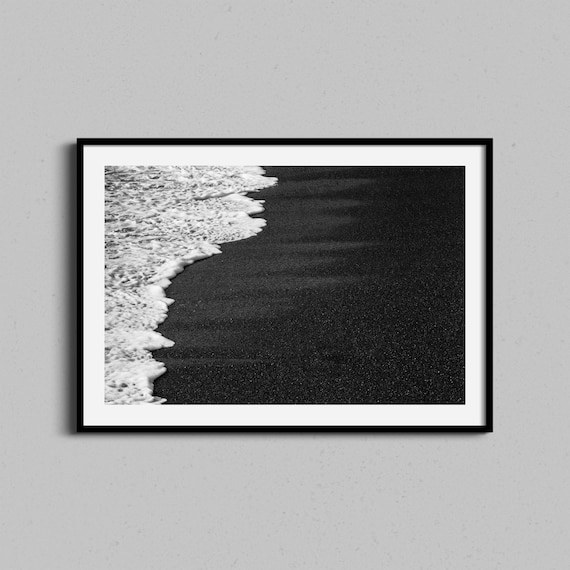 Black And White Ocean Waves On Dark Sand Beach Minimalist Poster