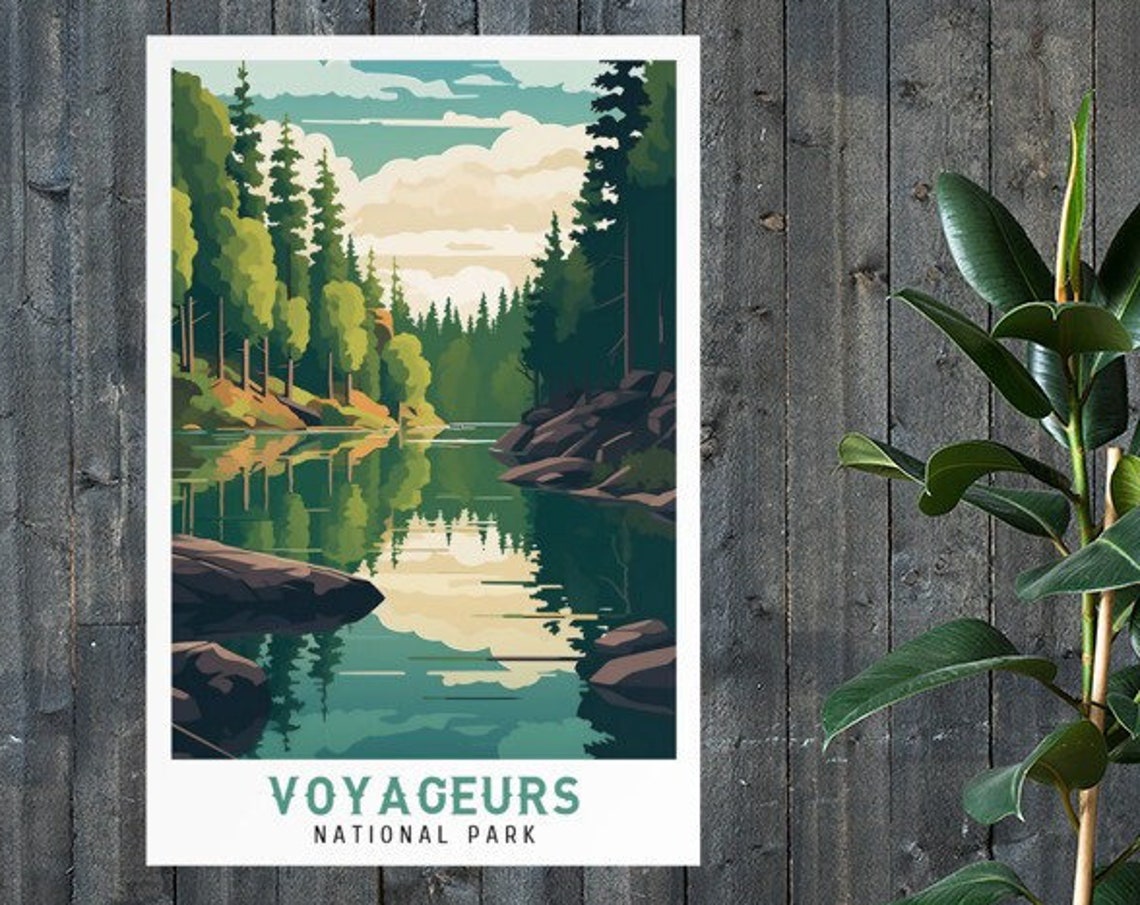 Voyageurs National Park Mirror Lake Pine Forest Vintage Travel Poster