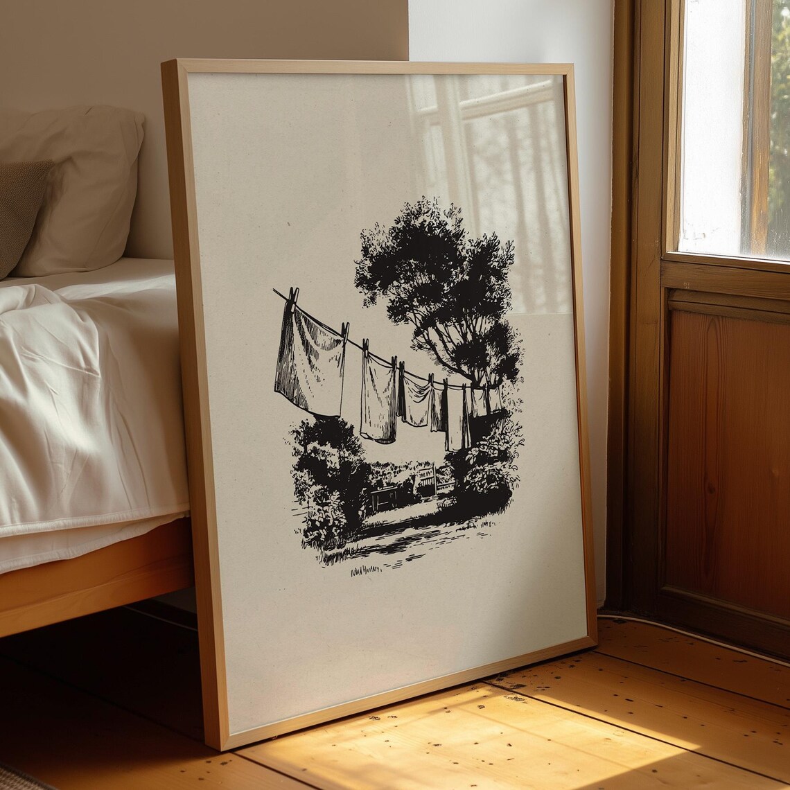 Vintage Clothesline Line Drawing, Laundry Room Decor