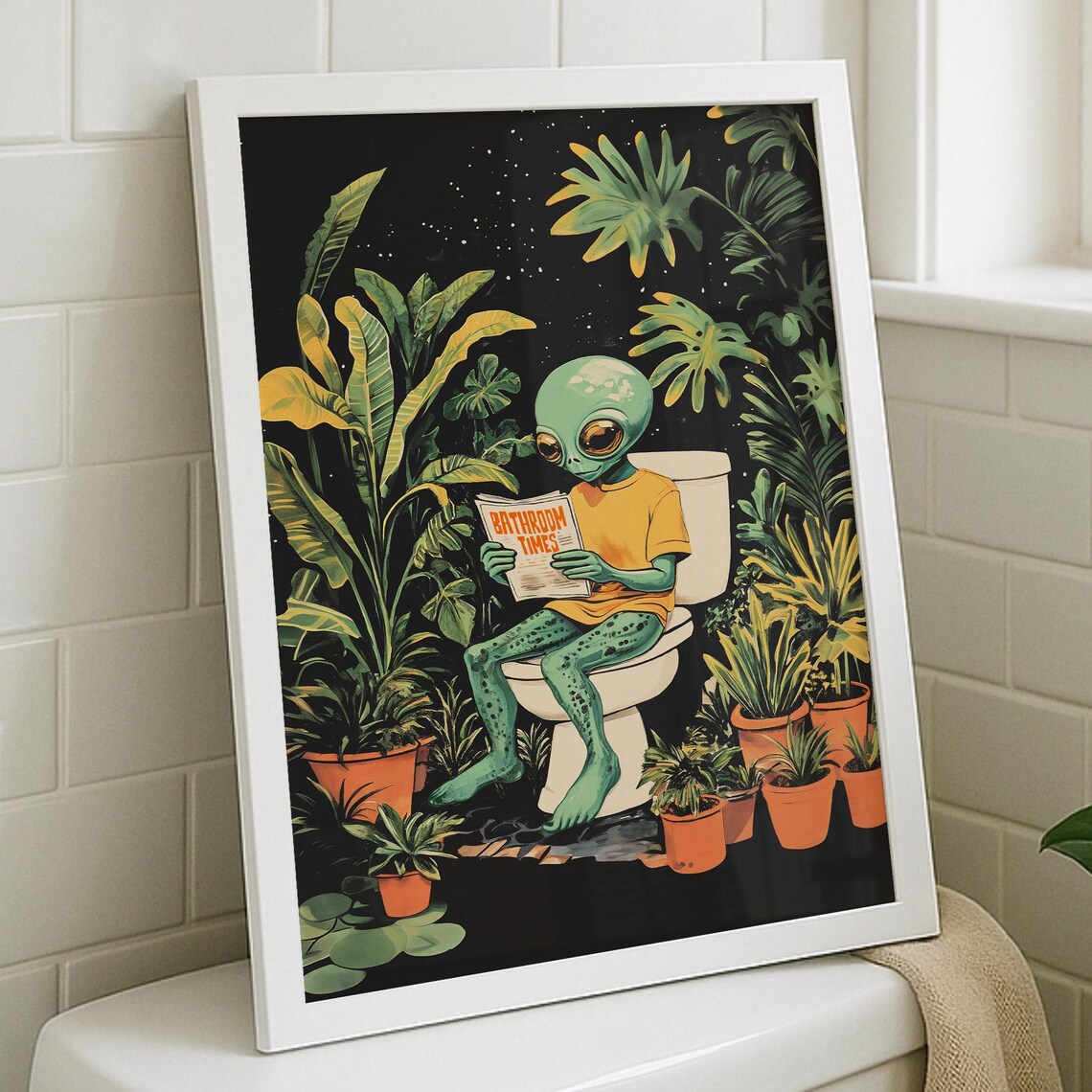 Funny Alien Bathroom Poster, Sci-Fi Toilet Art
