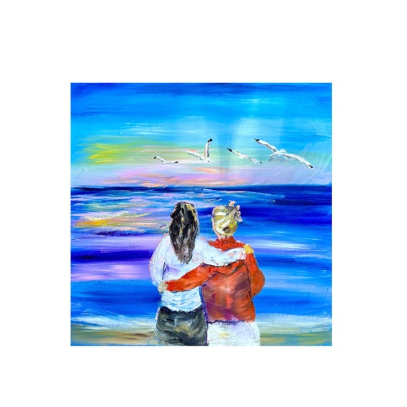 Custom Portrait Original Painting Abstract Best Friend Wall Art Two Sisters On The Beach Mother Daughter Gift Customized Art Gift