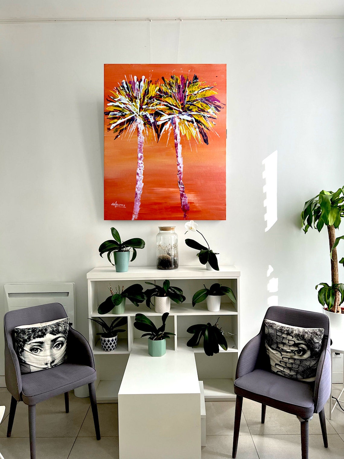 Orange Sunset Two Palm Trees Colorful Fronds Modern Tropical Poster