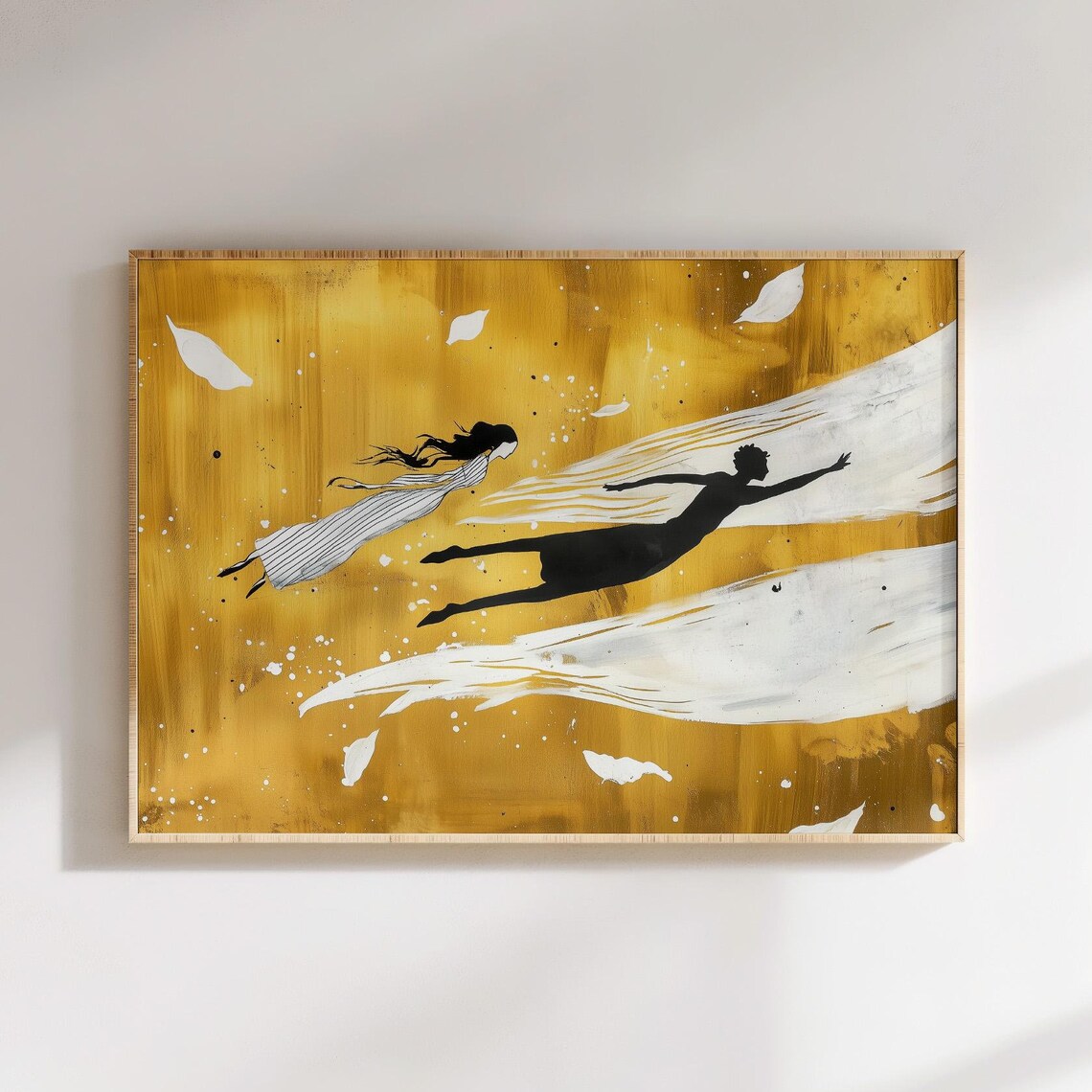 Two Floating Figures In Golden Dreamscape Surreal Abstract Wall Art