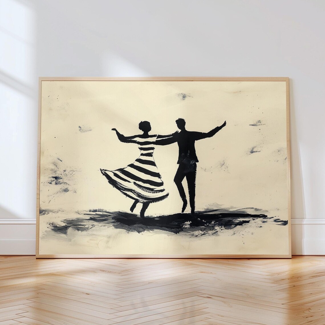 Dancing Couple Silhouette Black Ink Striped Dress Minimalist Poster