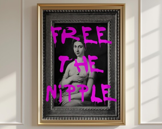 Free The Nipple Neon Pink Graffiti Altered Vintage Portrait Wall Art