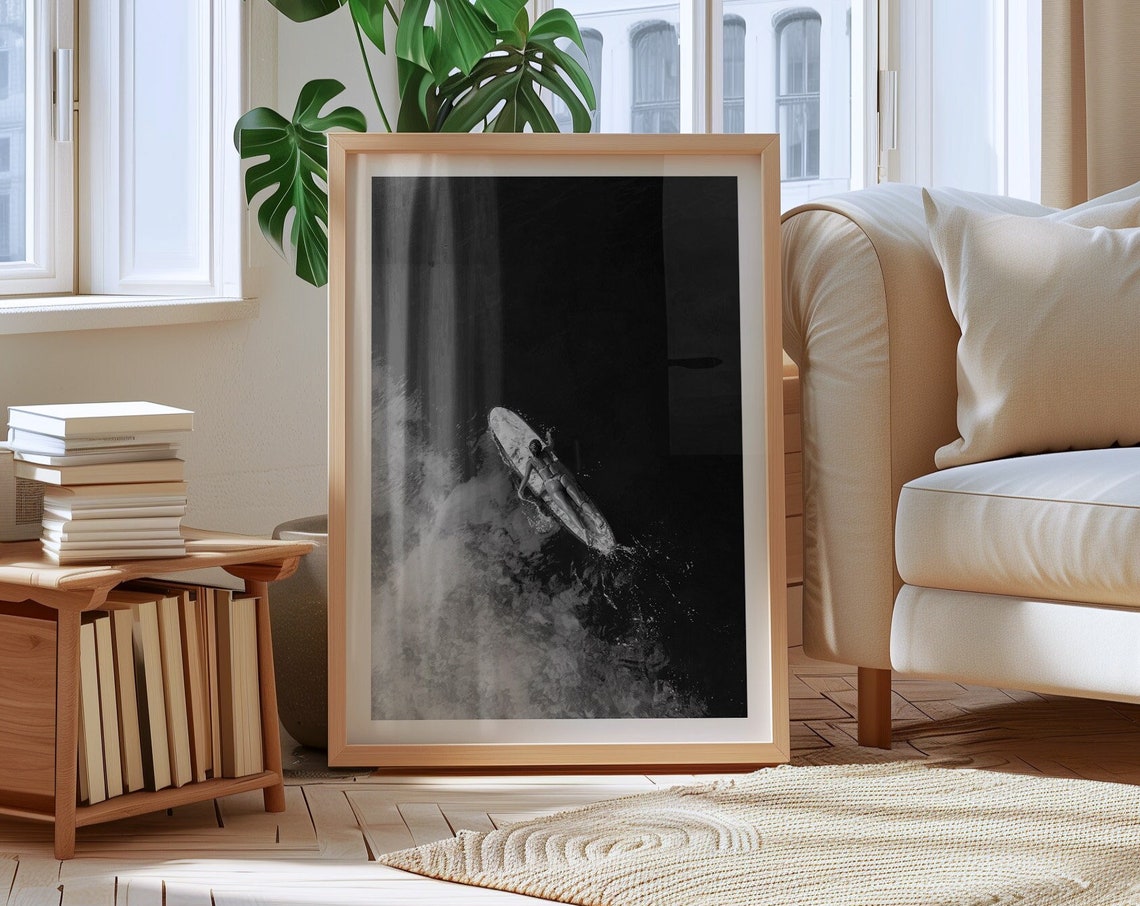 Solitary Surfers Journey Black And White Ocean Exploration Peaceful Surfing Solitude Art Print