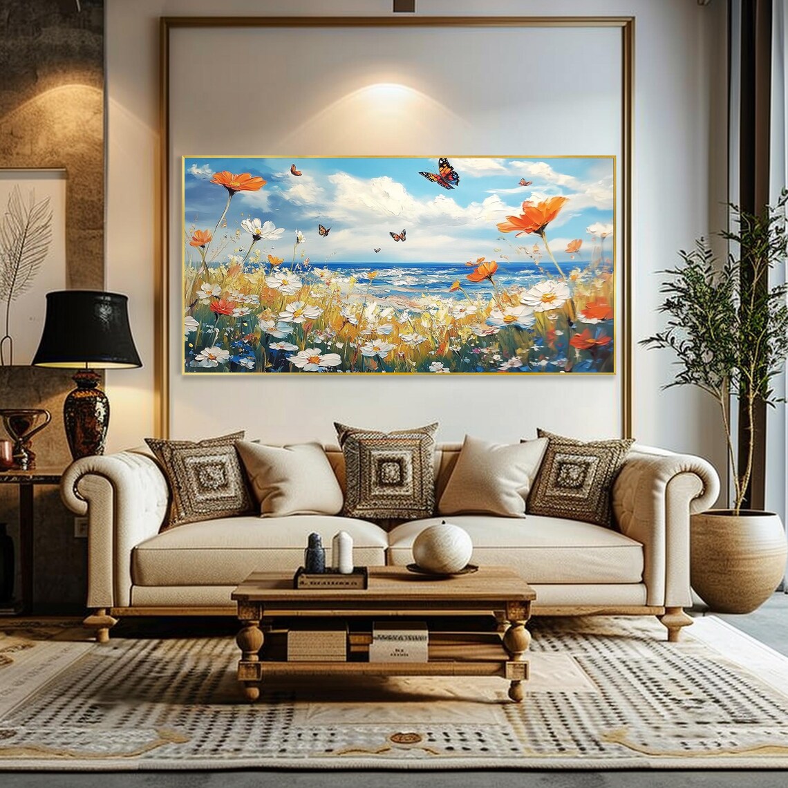 Coastal Wildflower Field Butterflies Ocean Oil Painting Summer Breeze Art Poster - Image 3