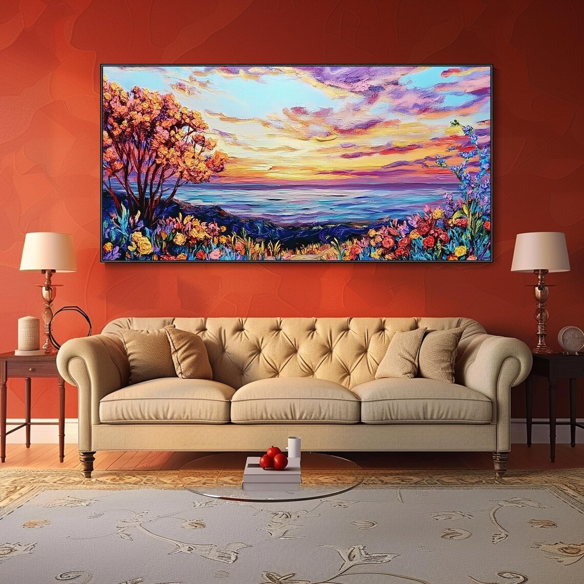 Ocean Sunset Flowers Oil Painting Palette Knife Seascape Blooms Wall Art Print - Image 3