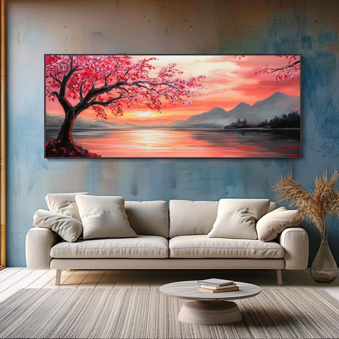 Pink Blossom Tree Lake Sunset Mountain Landscape Panoramic Wall Art - Image 2