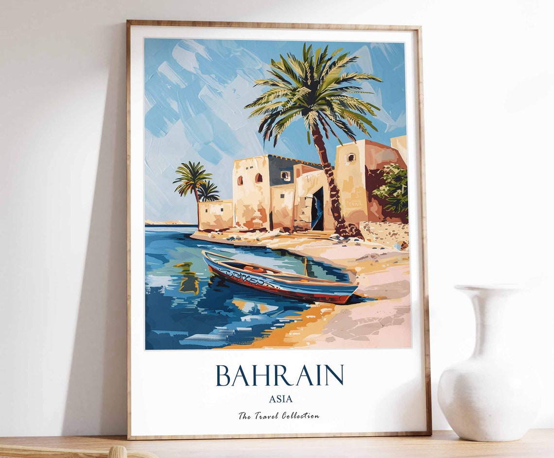 Bahrain Asia Island Beach Hut Palm Tree Boat Coastal Travel Poster