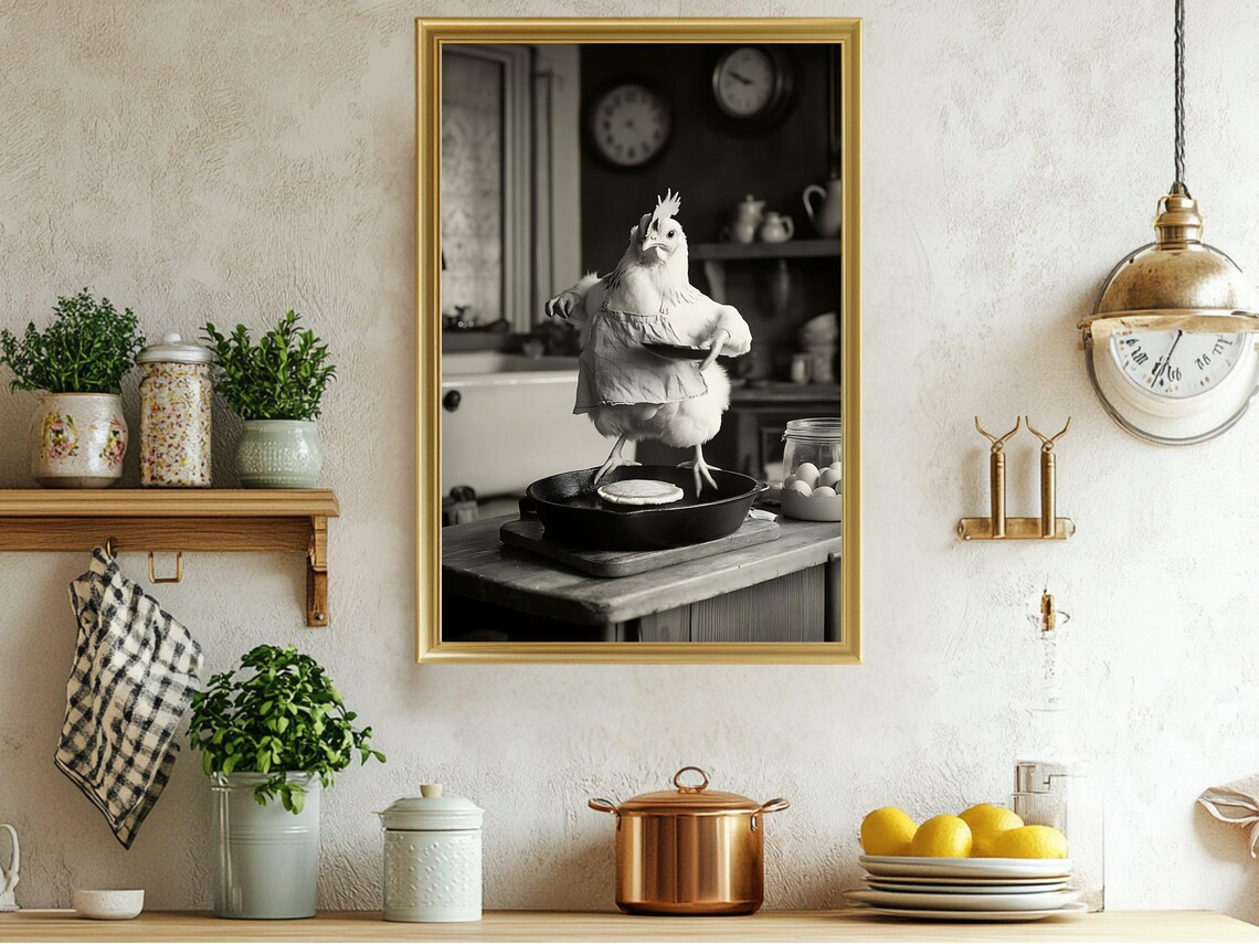 Hen in Apron Flipping Pancake Funny Kitchen Humor Art Poster