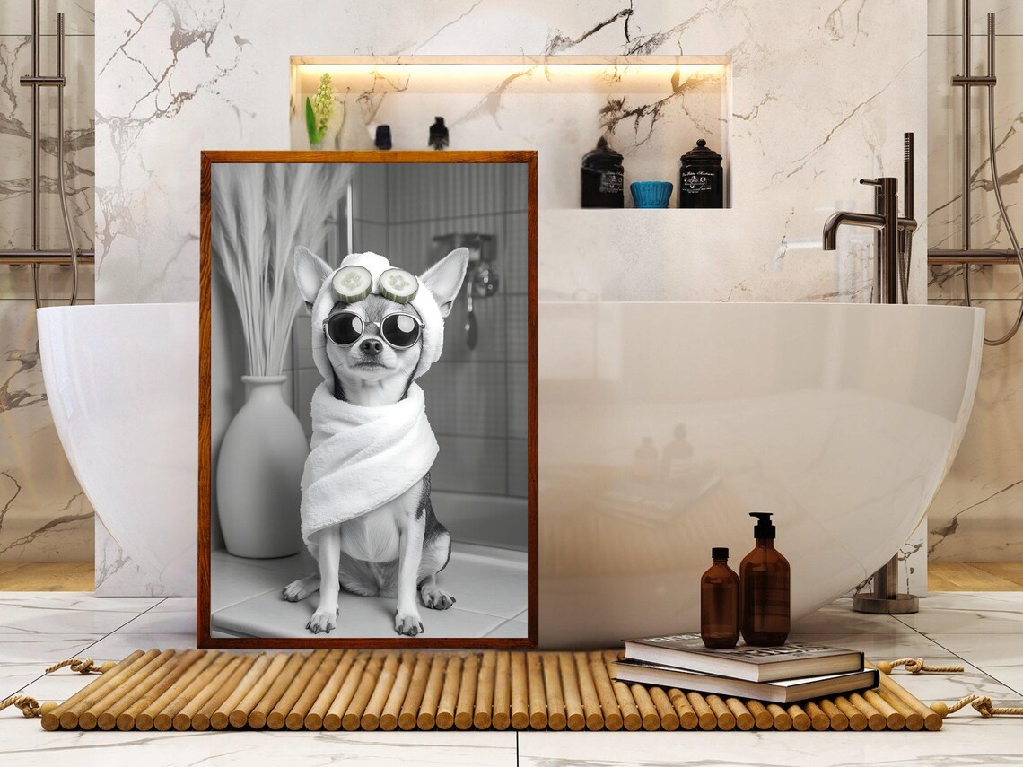 Chihuahua in a Towel Wearing Sunglasses With Cucumber Slices Poster - Image 5