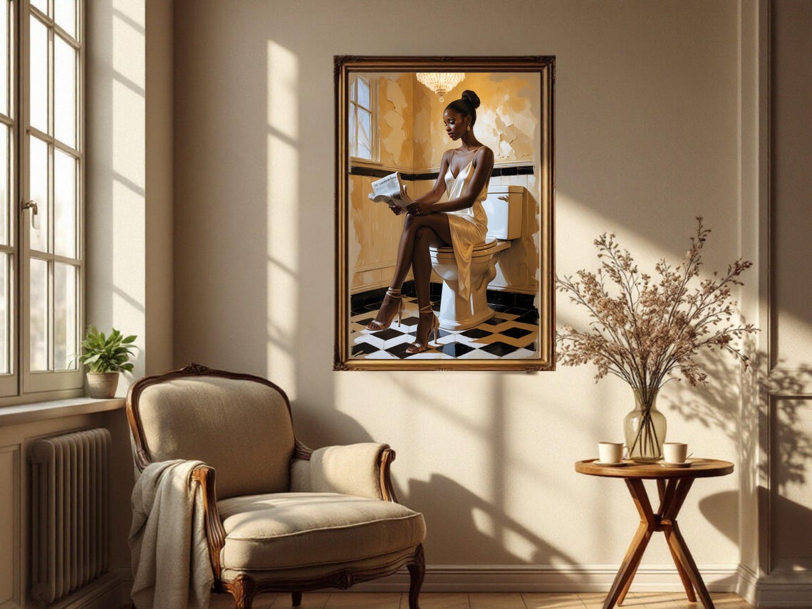 Elegant Woman Reading Newspaper on Toilet, Chic Bathroom Poster - Image 2