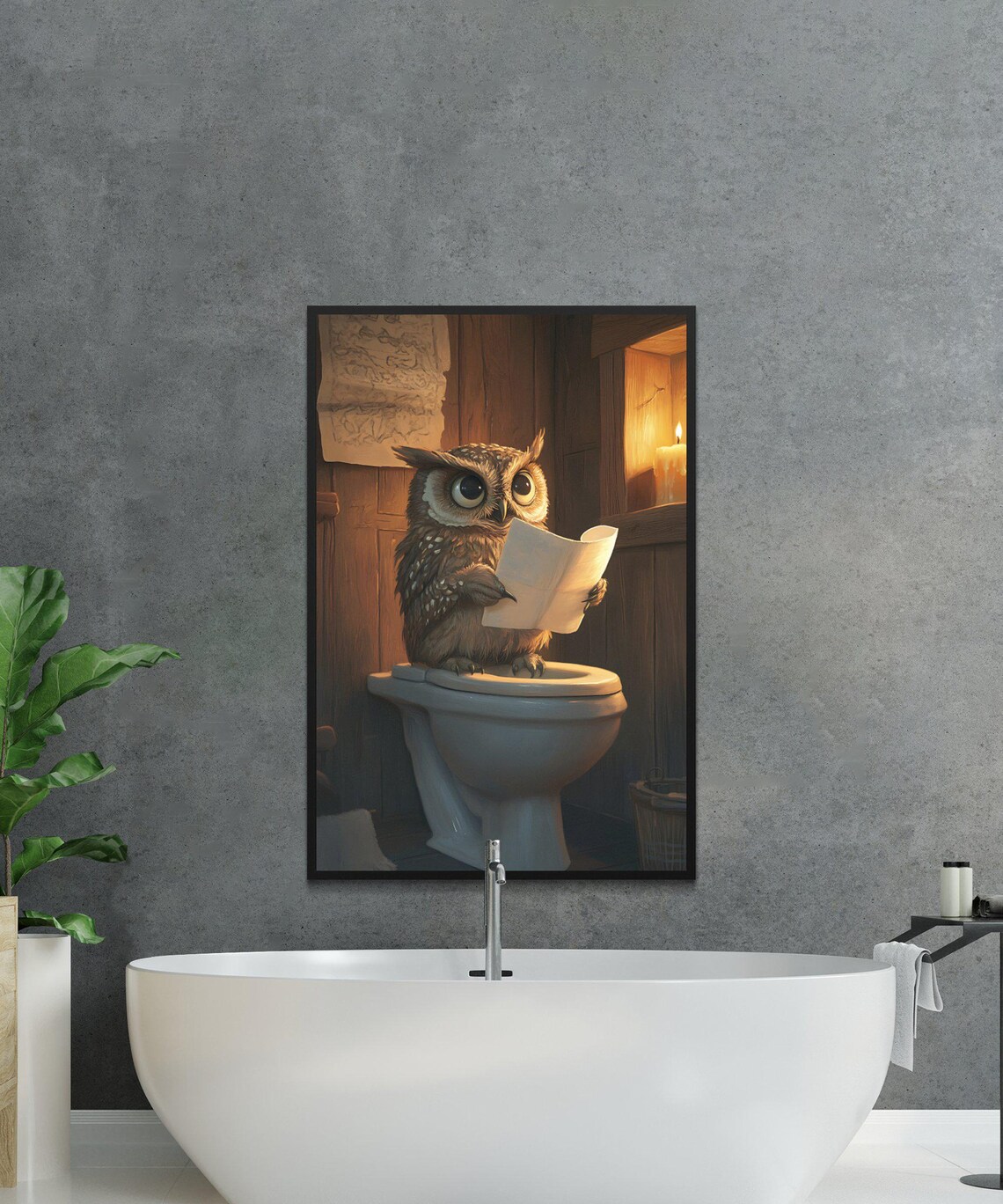 Little Owl Reading Letter On Toilet In Rustic Bathroom Animal Poster - Image 2