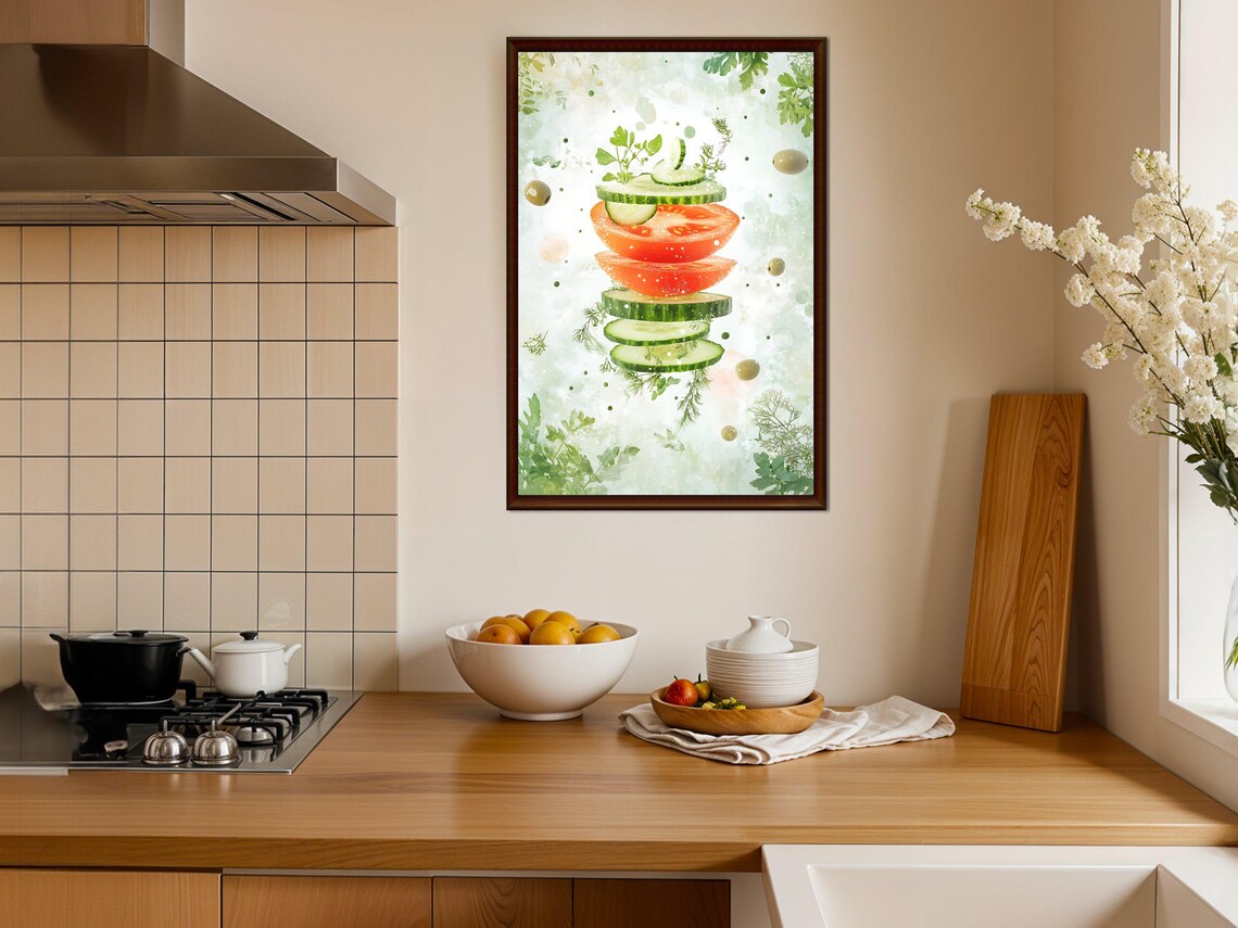 Floating Tomato Cucumber Slices Fresh Healthy Food Art Poster - Image 4