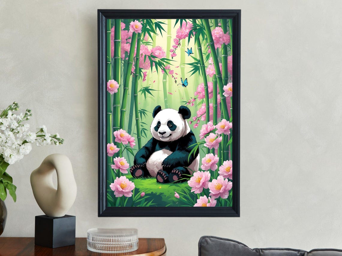Cute Panda Bamboo Forest Cherry Blossom Nursery Room Art Print