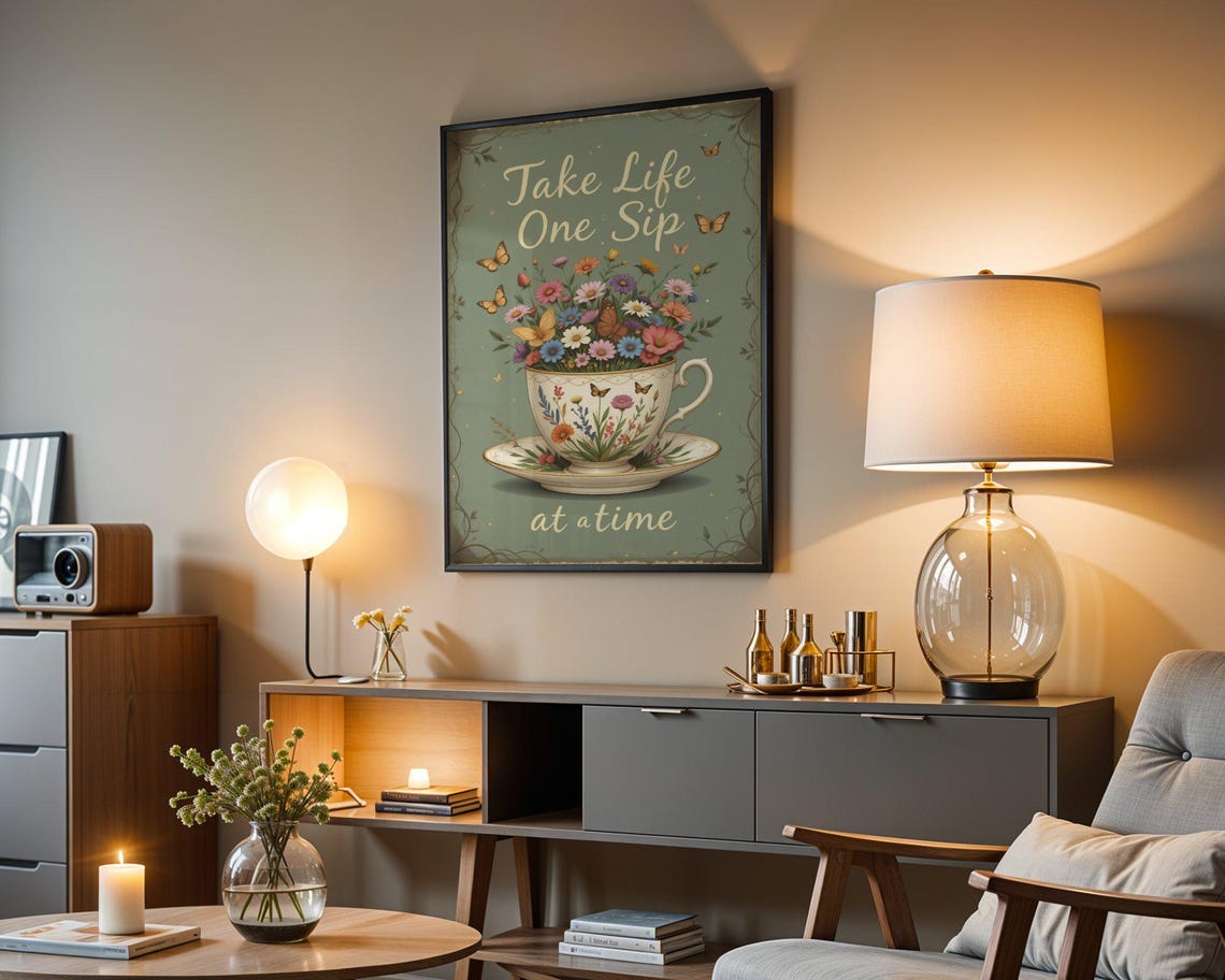 Take Life One Sip At A Time Floral Teacup Butterfly Quote Poster - Image 4