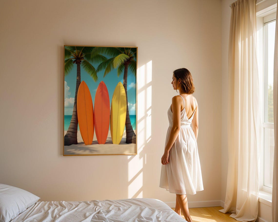 Surfboard Beach Wall Art Tropical Palm Tree Decor Ocean Surf Print Summer Vacation Poster Coastal Home Design Colorful Surf Art - Image 4