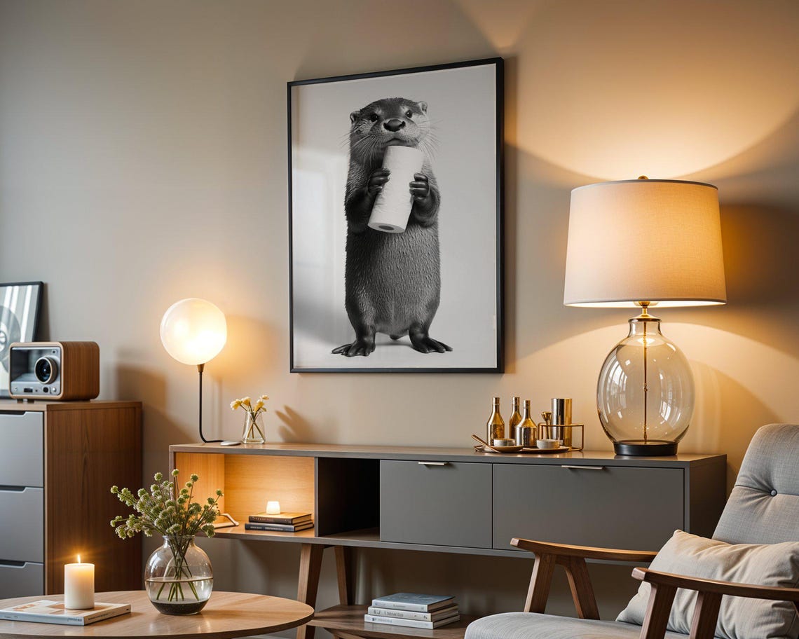 Otter Holding a Toilet Paper Roll Black and White Minimalist Poster - Image 4