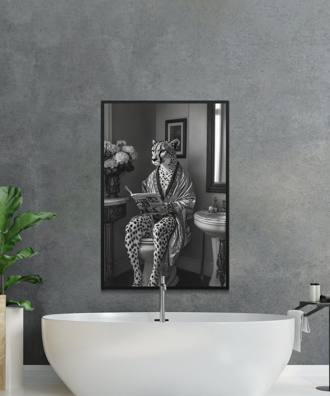 Cheetah In Satin Robe Reading On Toilet Black And White Poster - Image 2