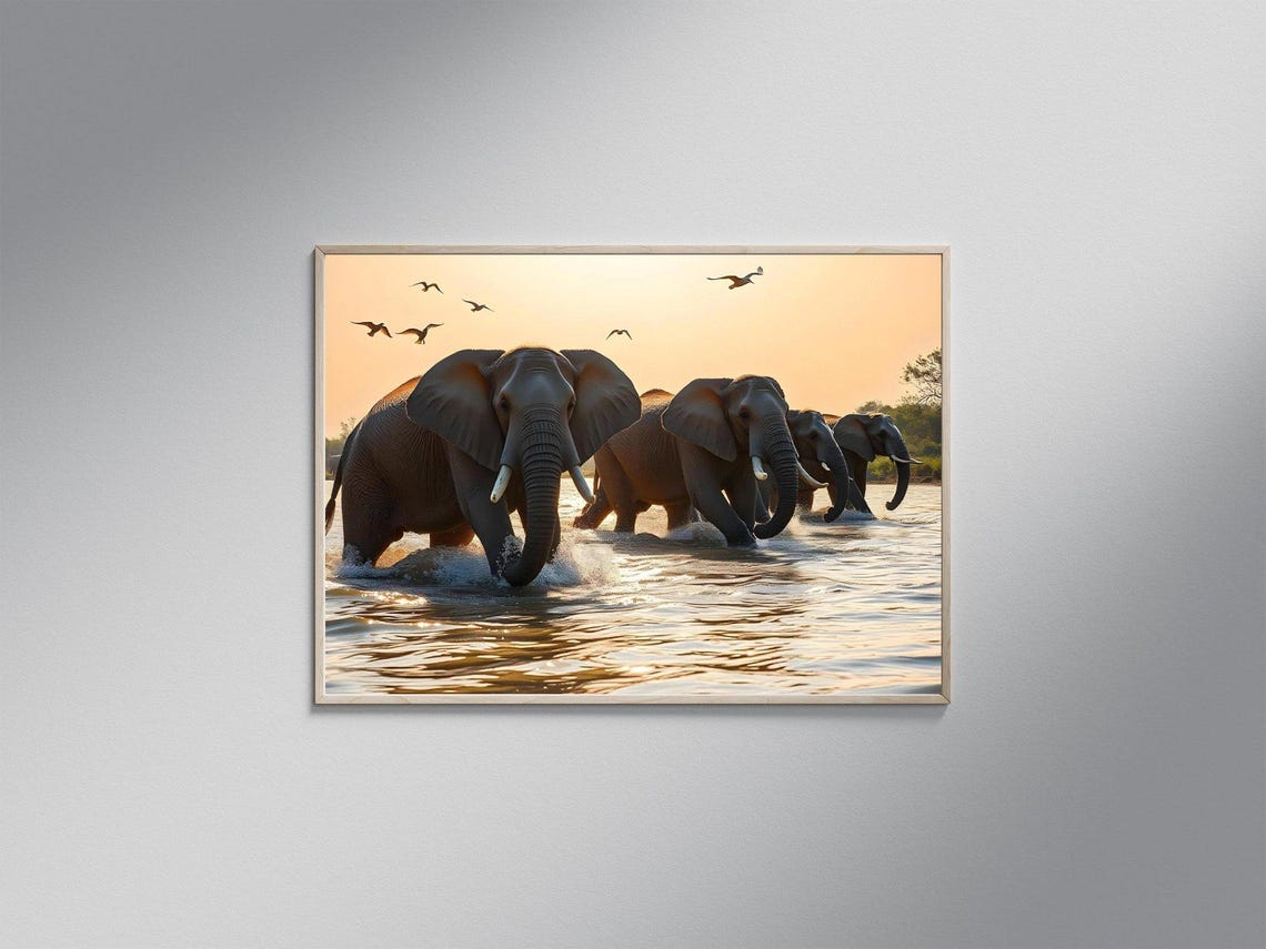Elephants Wading Through a River at Golden Sunset with Birds Poster