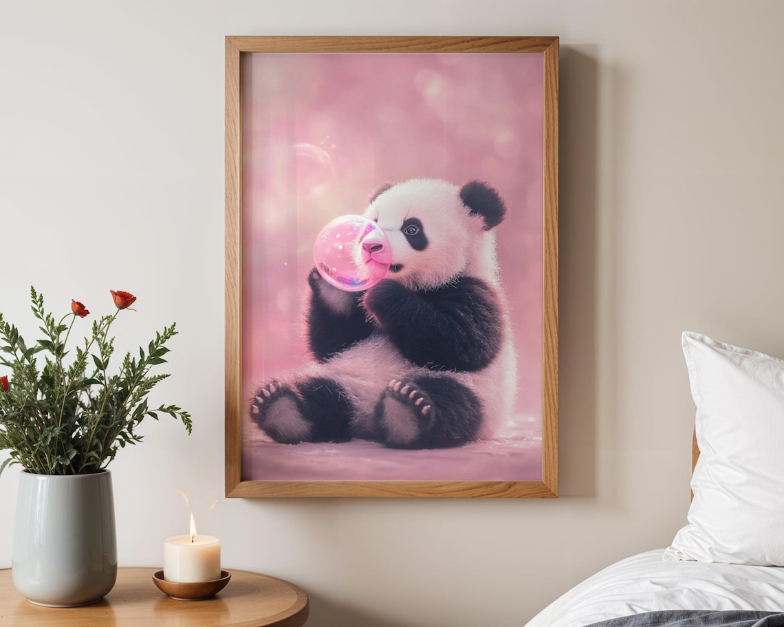 Sitting Baby Panda Blowing Pink Bubble Blush Pink Art Poster