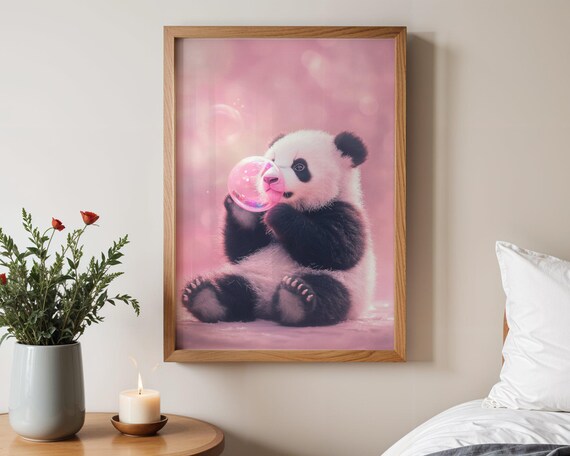 Sitting Baby Panda Blowing Pink Bubble Blush Pink Art Poster
