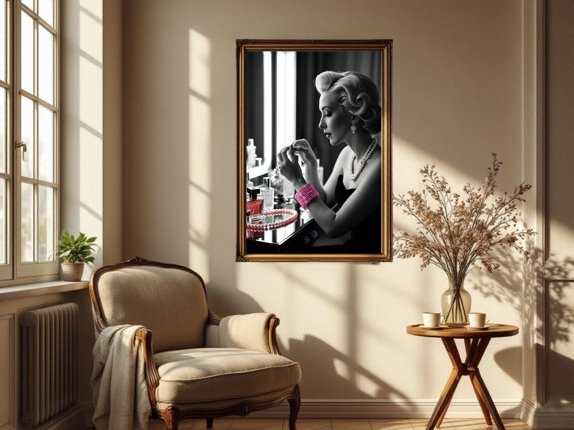 Elegant Woman Applying Lipstick At Vanity With Pearl Necklace Poster - Image 2