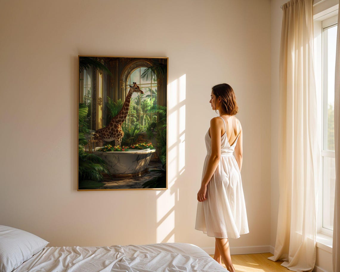 Giraffe Bathing in a Marble Tub Tropical Conservatory Night Poster - Image 3