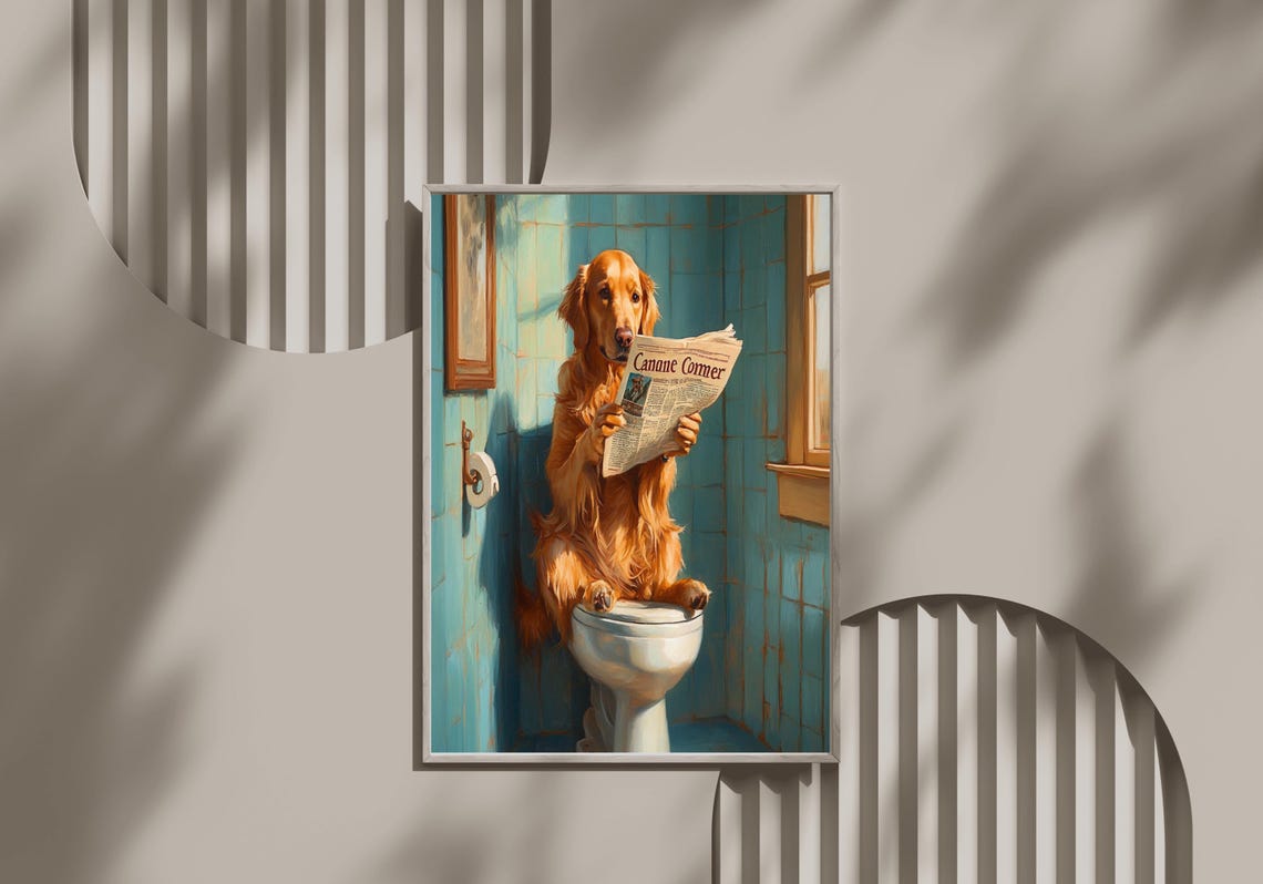 Golden Retriever Reading Canane Commer Newspaper On A Toilet Poster