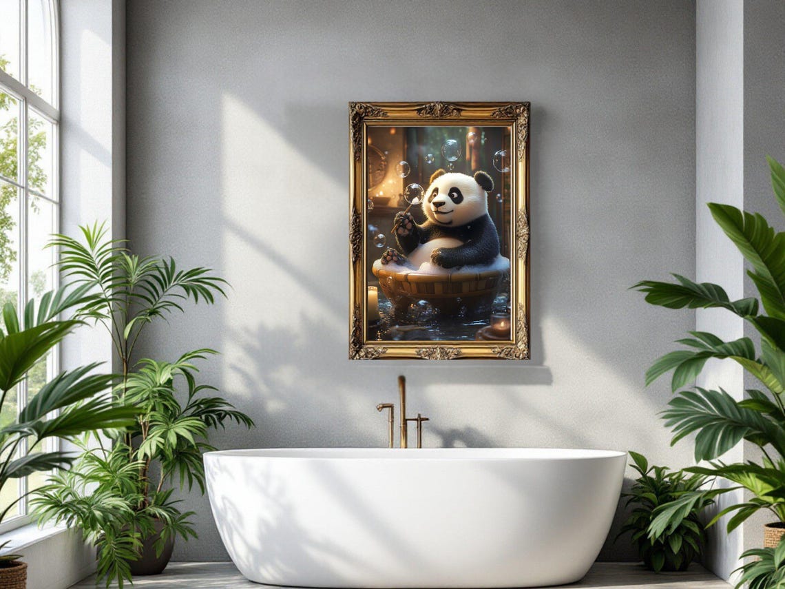 Cute Panda Blowing Bubbles in a Wooden Soaking Bathtub Poster - Image 3