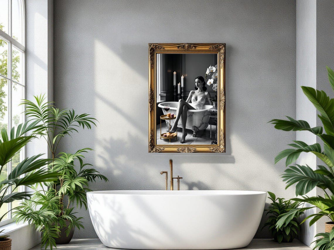 Woman in a White Dress Relaxing in a Marble Bathtub With Wine Poster - Image 3