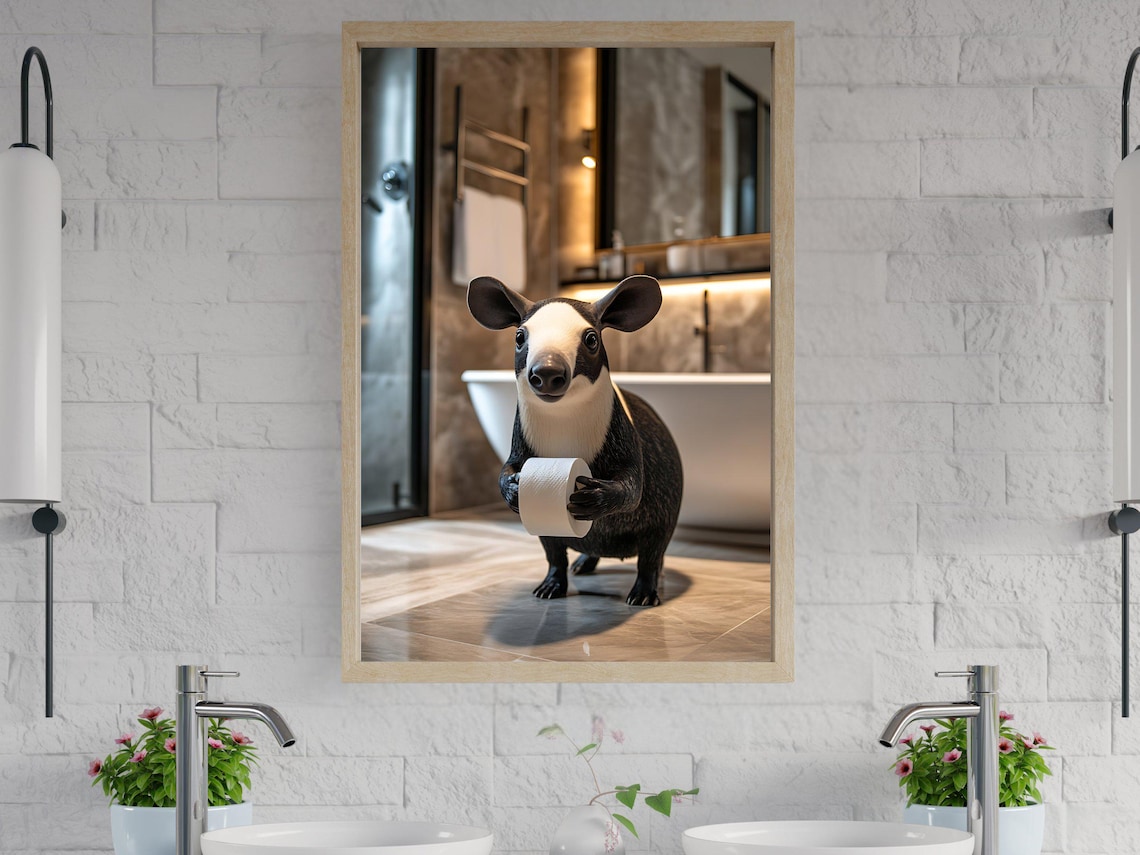 Tapir Holding a Toilet Paper Roll in a Warm Modern Bathroom Poster