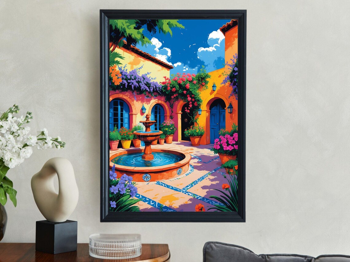 Mediterranean Courtyard Fountain Colorful Bougainvillea Art Print