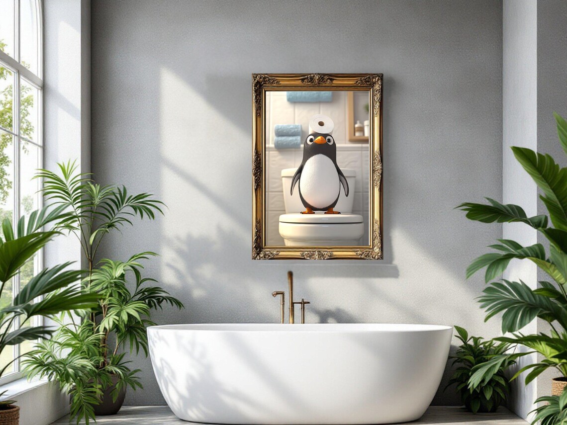 Cute Cartoon Penguin Sitting on Toilet With Toilet Paper Hat Poster - Image 3