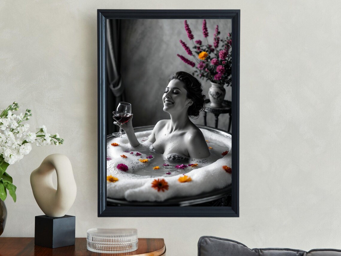 Woman in a Bubble Bath With Wine and Colorful Flowers Poster - Image 4