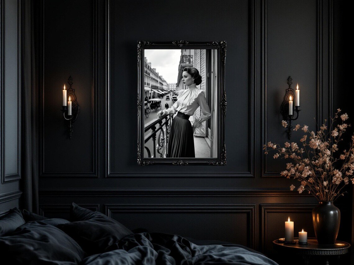 Woman on Parisian Balcony Overlooking Vintage Street, B&W Poster - Image 3