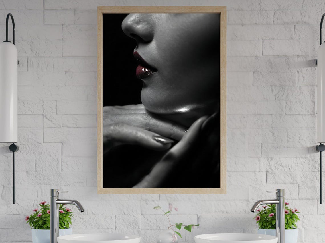 Close Up Of Glossy Red Lips And Graceful Hand Moody Beauty Poster