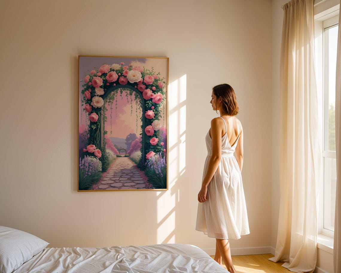Pink Rose Covered Archway Over Romantic Stone Garden Path Poster - Image 4