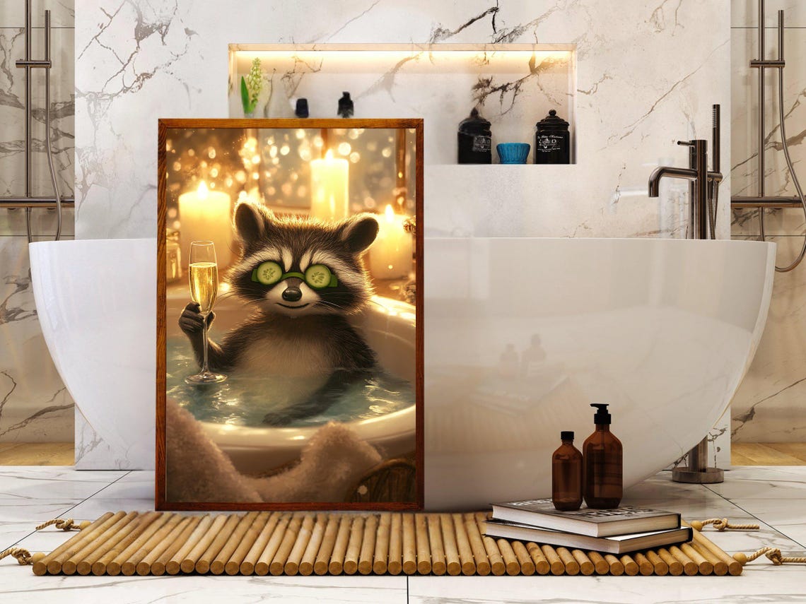 Relaxing Raccoon With Cucumber Slices Toasting in a Bubble Bath Poster - Image 5