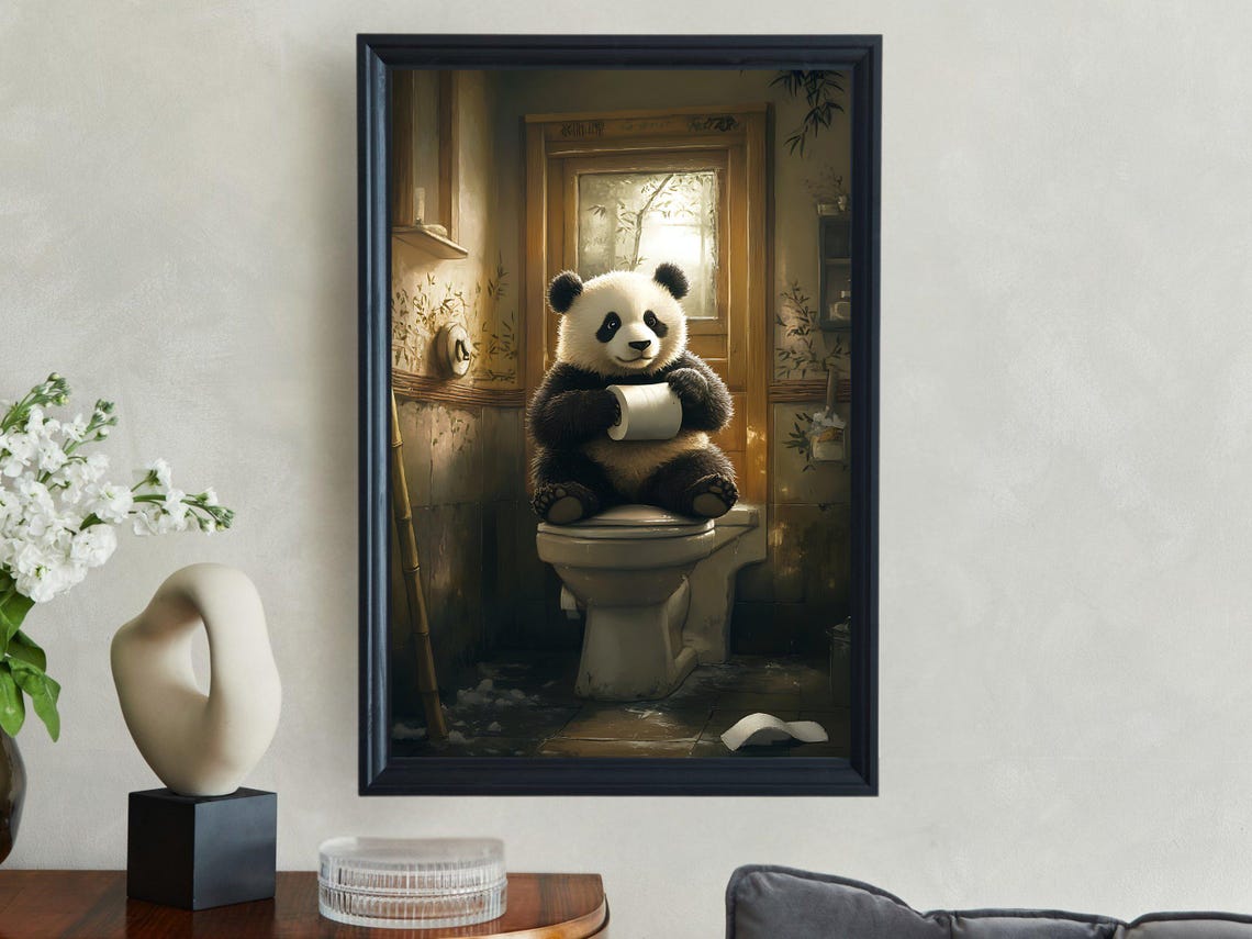 Cute Panda Sitting On Toilet Holding Toilet Paper Funny Poster - Image 2