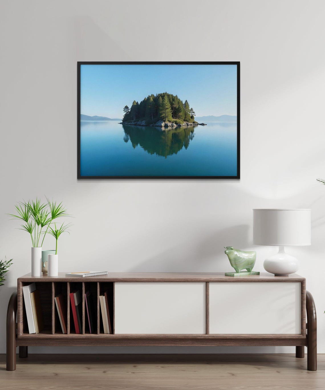 Tiny Forested Island with Mirror Reflection on a Calm Blue Lake Poster - Image 3